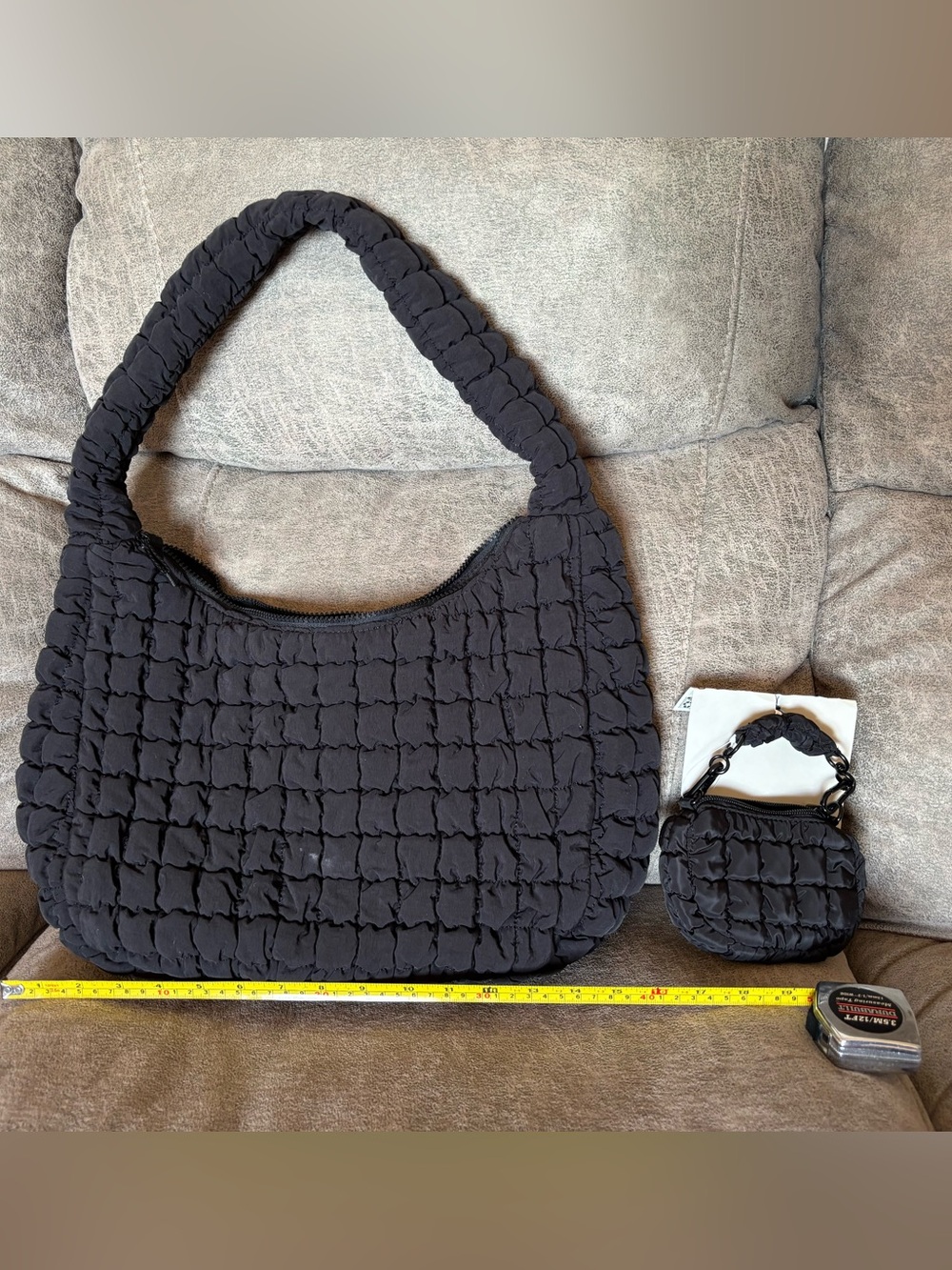 Black Quilted Hobo Shoulder Bag and Mini Pouch - Women